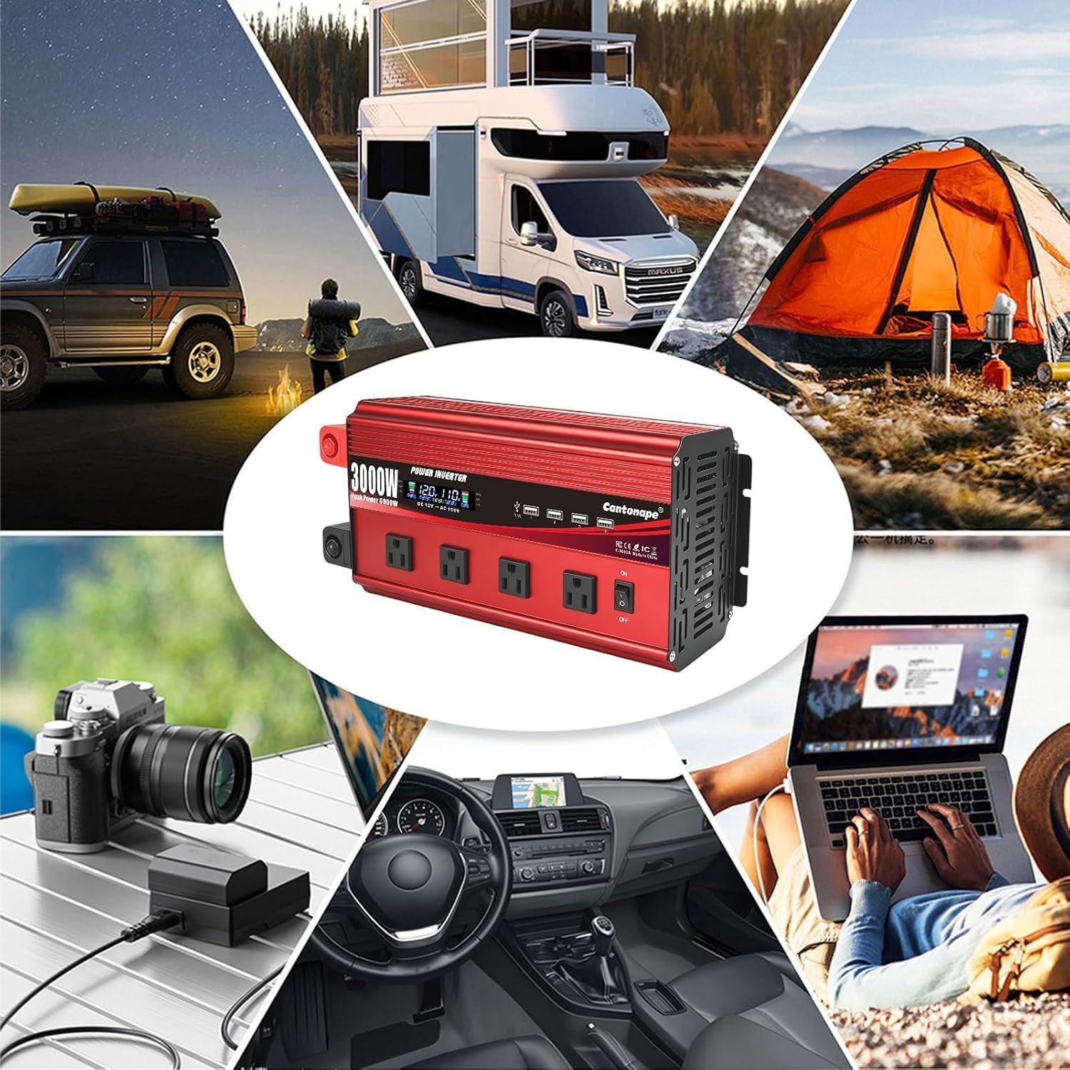 Cantonape 3000W Power Inverter 12V to 110V/120V DC to AC with LCD Display | Remote Controller 4 x AC Outlets and 4 x 3.1A USB Car Adapter for Car Truck Boat RV Solar System - Image 7