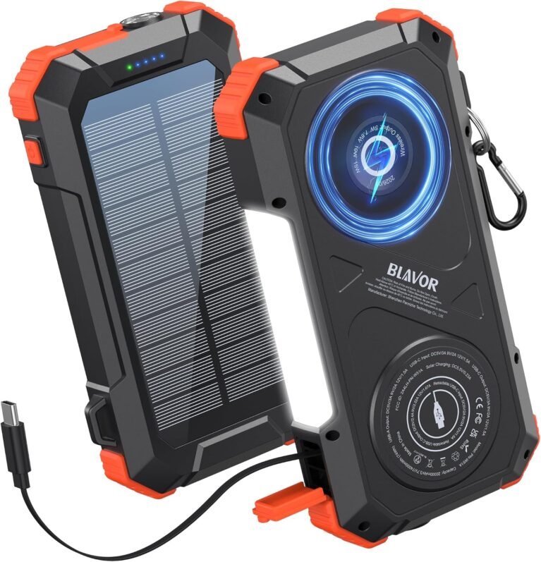 BLAVOR Solar Charger Power Bank Built-in Retractable USB-C Cable, 20000mAh Wireless Magnetic Portable Charger with Camping Light, Flashlight, 20W Fast Charging Battery Pack for Outdoor Camping Hiking