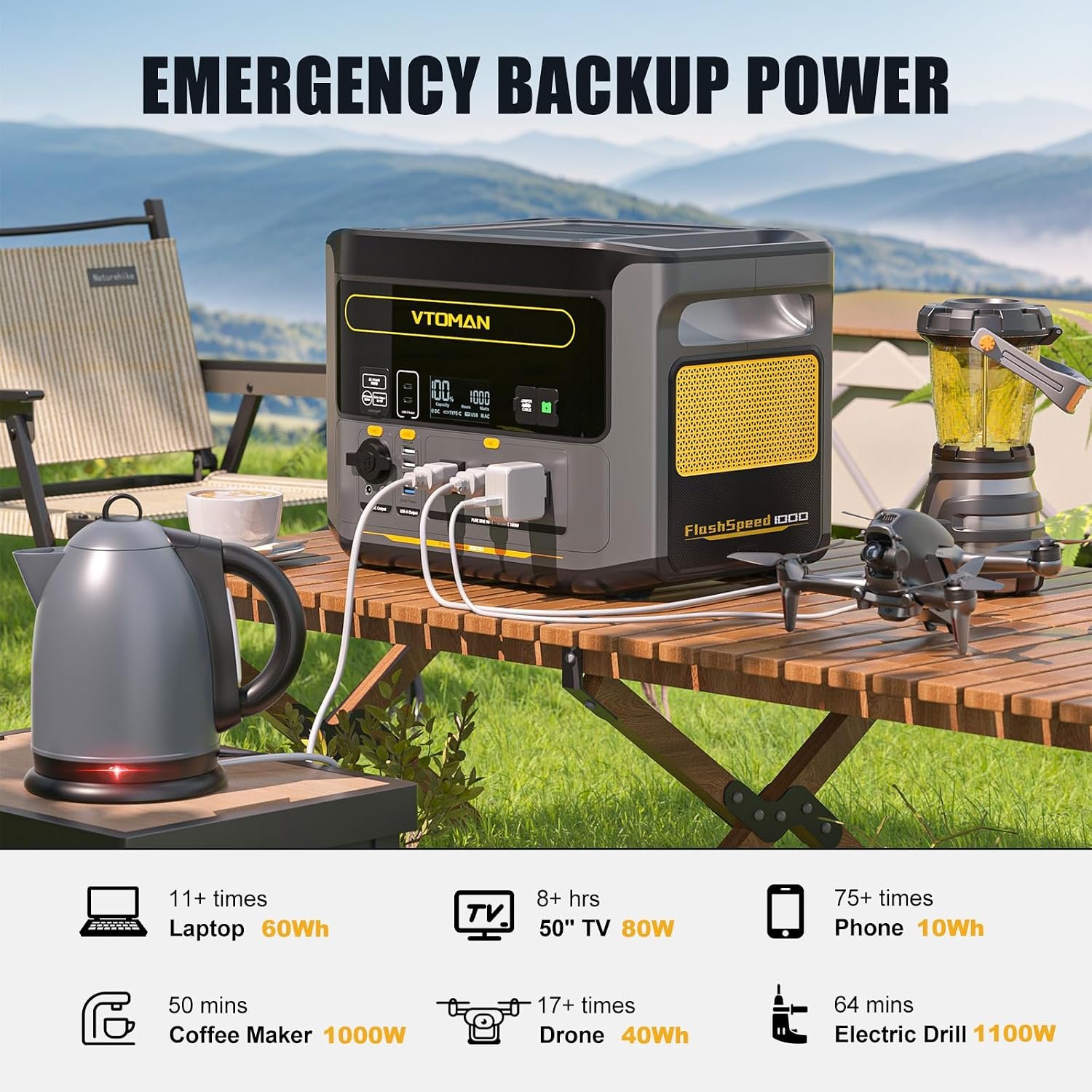 VTOMAN FlashSpeed 1000 Solar Generator, 828Wh LiFePO4 with Jumper cable | car jump starter, 1H Fast Charging, 1000W output, home backup, camping, roadside emergencies,12 output ports - Image 8