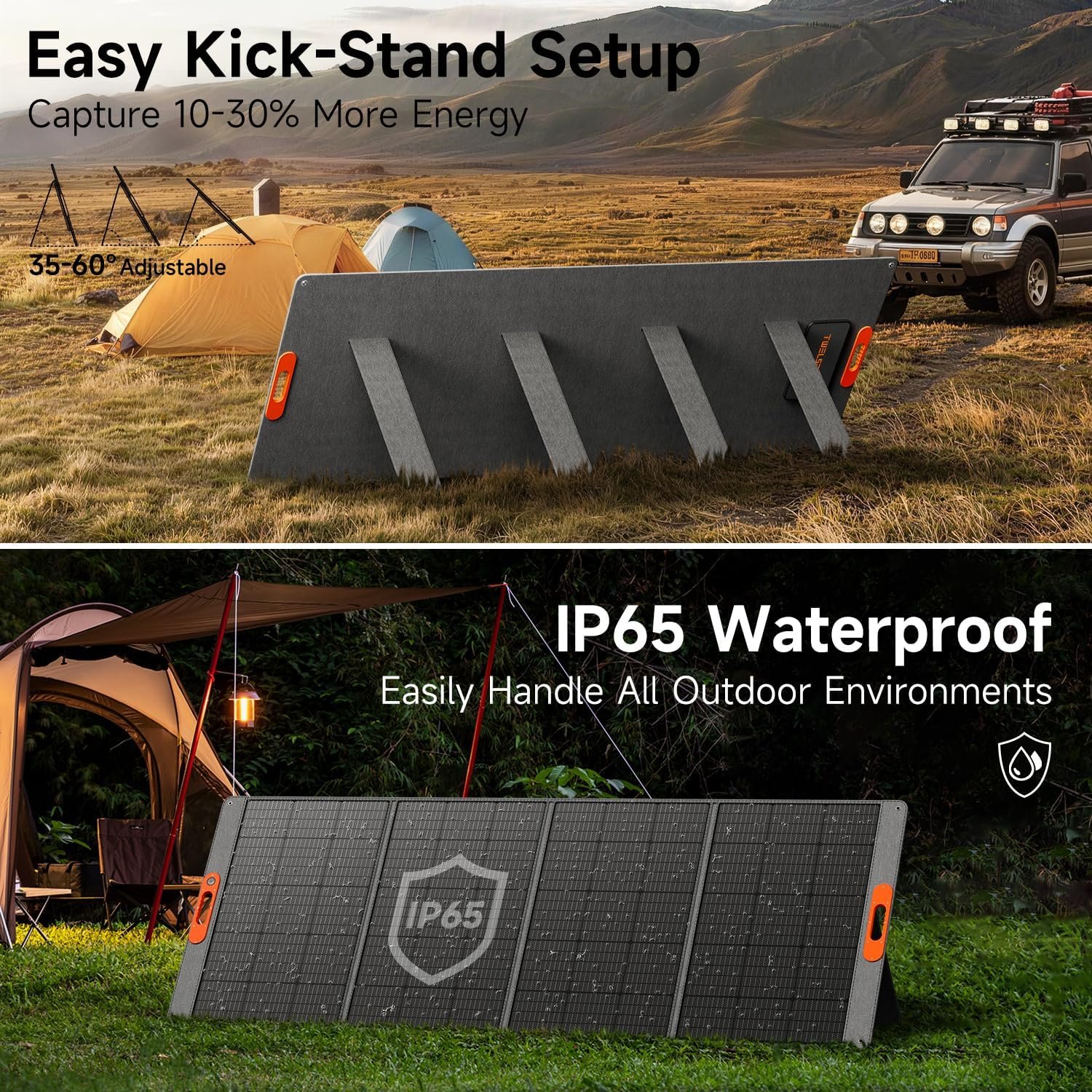 400W Portable Solar Panel for Power Station, 24% High Efficiency Lightweight ETFE Foldable Solar Panel Charger, MC4 Output, IP65 Waterproof, for Outdoor Camping, RV, Emergency Power Supply | 24% High Efficiency ETFE+ Solar Angle Guide 4 Kickstands for Outdoor Foldable Solar IP65 Waterproof MC4 Output - Image 3