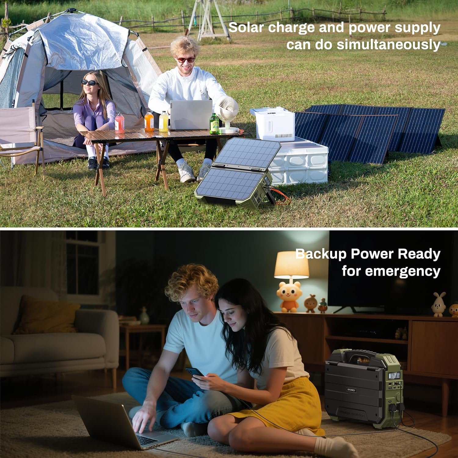 BROWEY 1600W (3200W Peak) Portable Power Station, 1024Wh LiFePO4 Battery with Built-in Solar Panel, 100W USB-C PD, Solar Generator for Camping, RV, Home Backup, Emergency - Image 5