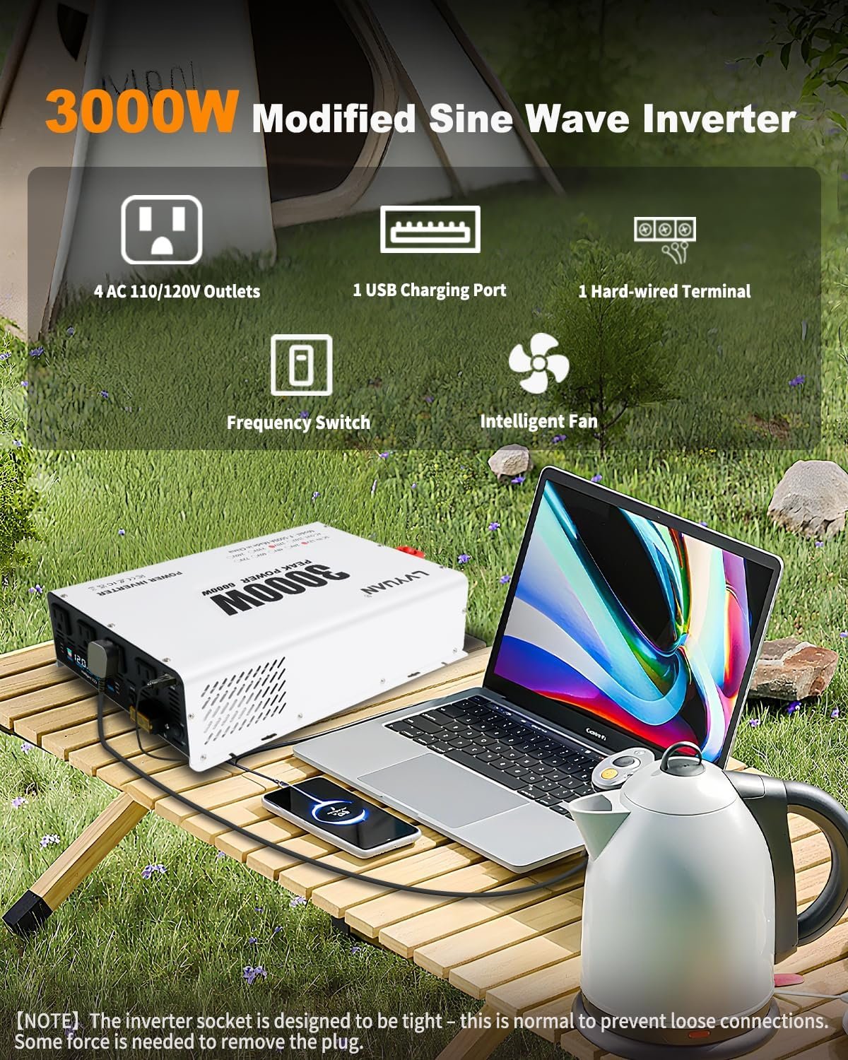 LVYUAN 3000 Watt Power Inverter 12V to 110V 120V DC to AC Converter for Home RV Vehicle Outdoor Camping Car Power Inverter with 4 AC Outlets, LCD Display, USB Charge Port, Remote Control - Image 4