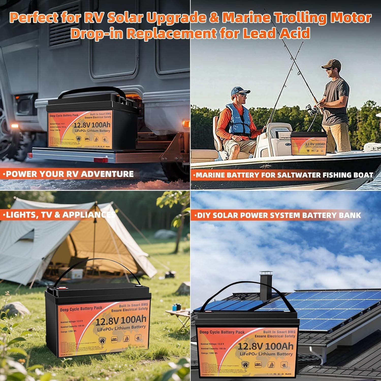 12V 100Ah LiFePO4 Battery, 1280Wh Lithium Battery Group 31 Smart 100A BMS, 15000+ Deep Cycles 10-Year Lifespan Low Temp Protection Lightweight Max 4P4S 1280Wh for Trolling Motor, RVs, Marine, Off-Grid - Image 9