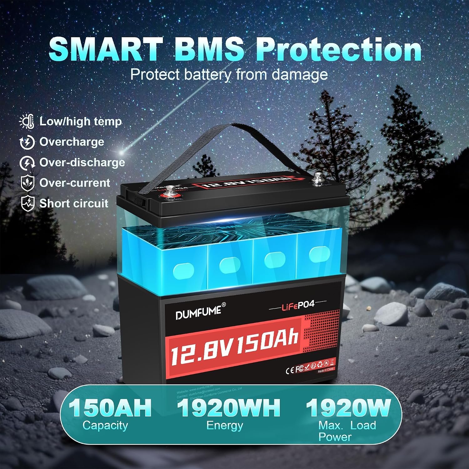 12V 150Ah LiFePO4 Lithium Battery 15000+ Deep Cycle | Built in 100A BMS,IP65 Waterproof 1920Wh for Solar System, RV Camper, Home Backup Power,Marine,Off-Grid Applications - Image 3