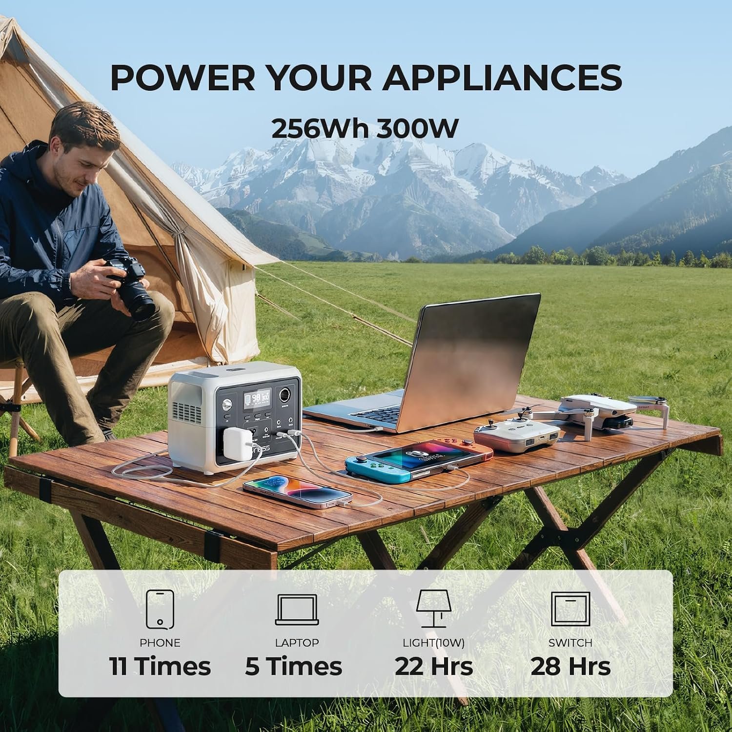 DYNESS Portable Power Station 300W, 256Wh Solar Generator with 110V Pure Sine Wave AC Outlet, LiFePO4 Battery for Camping, Home Backup, RV, Outdoor Emergency (Solar Panel Optional) - Image 3