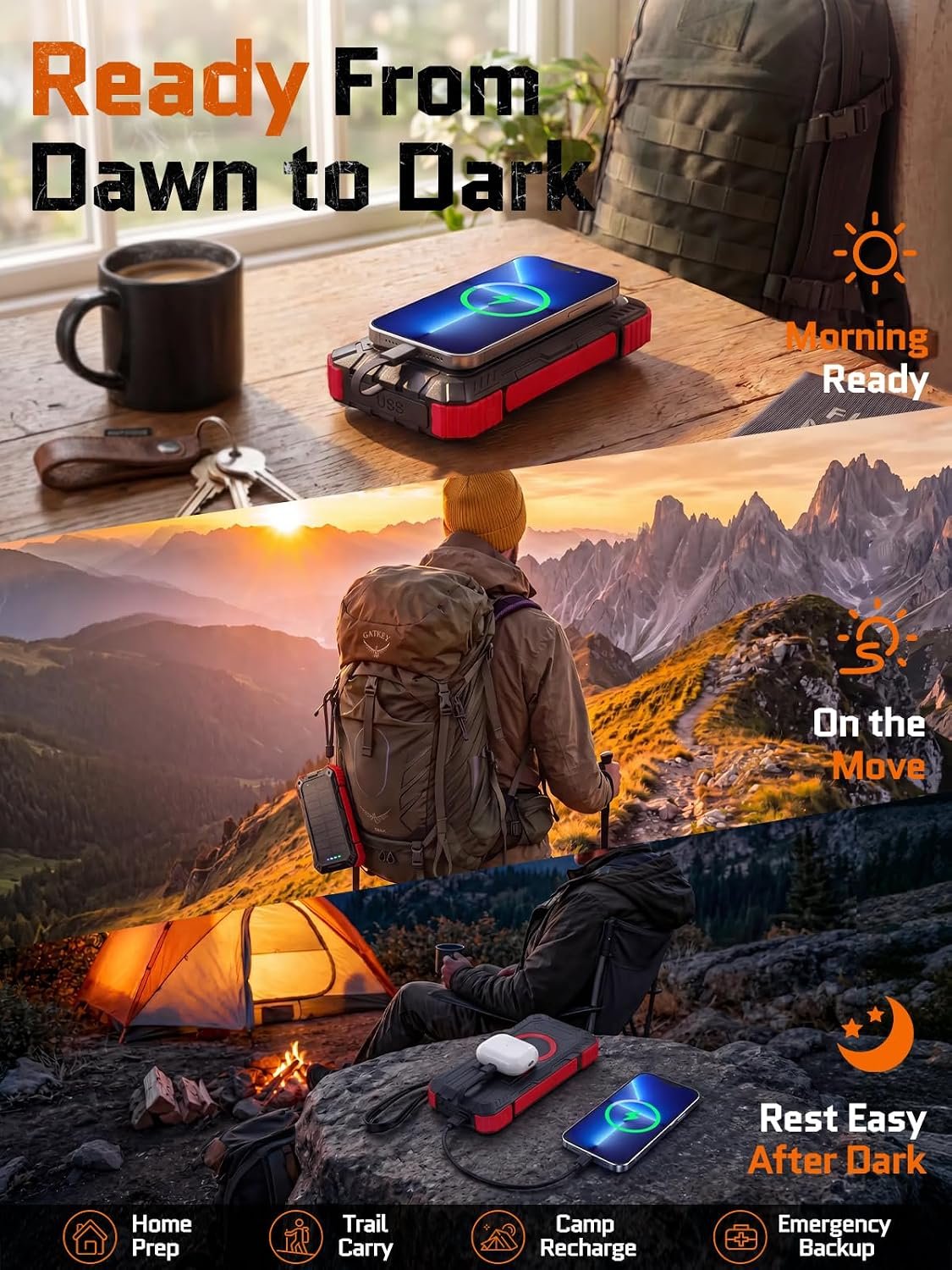 Solar Charger Power Bank -49800mAh QC3.0 Fast Charging Portable Charger Red | 5V/3.1A Wireless Solar Battery Charger Built-in 4 Cables with USB C & Flashlight, Power 6 Devices for iPhone/Android - Image 9