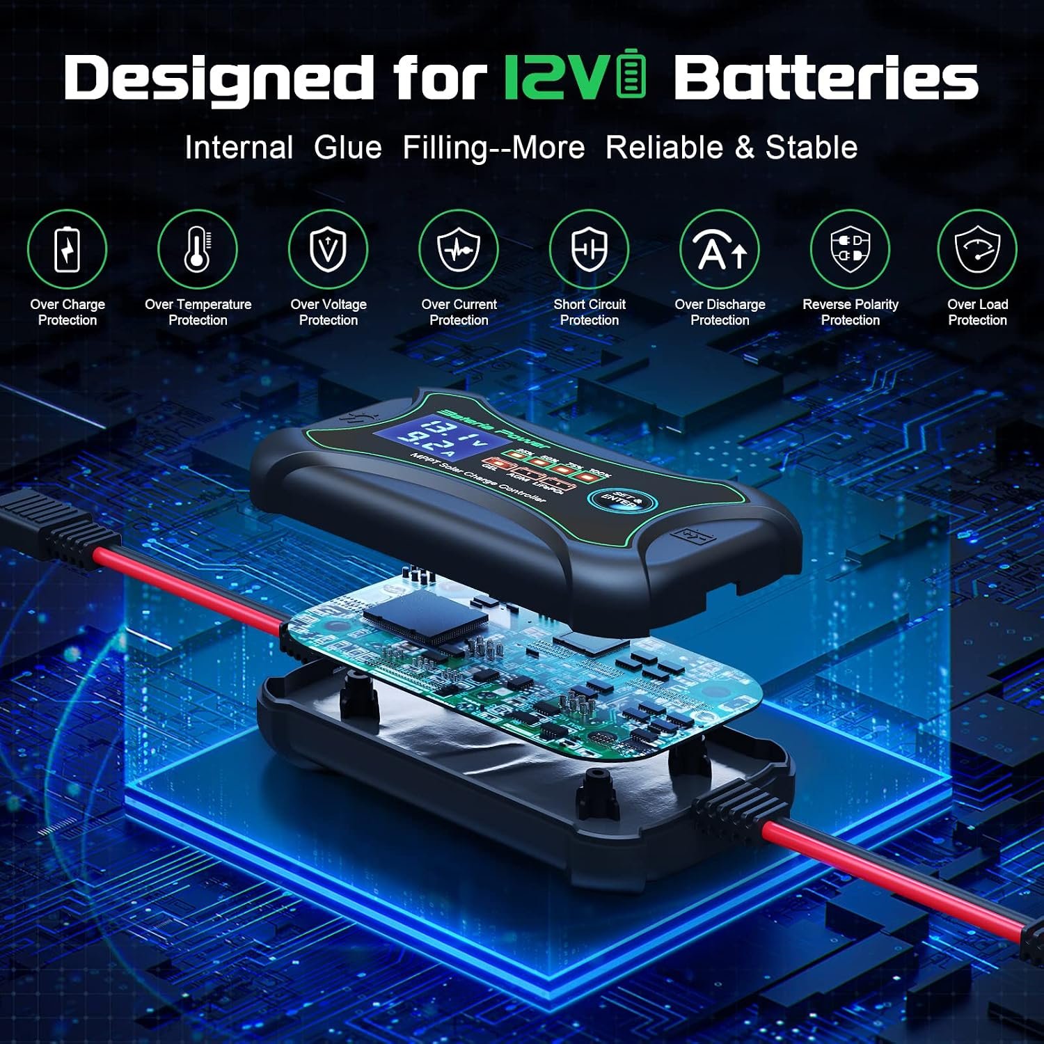 10Amp 12 Volt MPPT Solar Charge Controller, Bateria Power Intelligent Portable Solar Panel Controller, Max PV 150W 30Voc Solar Regulator for Gel AGM Lead-Acid, Lithium LiFePO4 Battery (SunRock 10) - Image 3