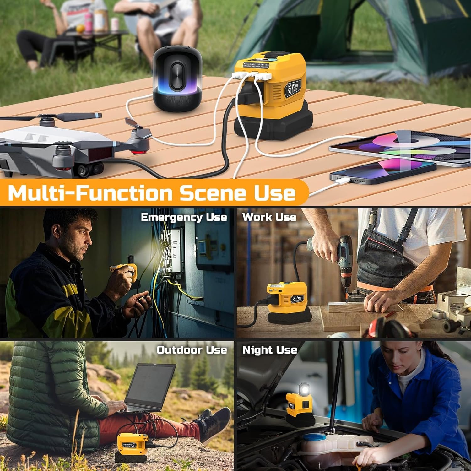 220W Power Inverter Compatible with Dewalt 20V Battery, DC 20V to AC 110V Inverter, Portable Power Station Generator with 1 AC Outlet, 2 USB Ports & 1 Type-C Fast Charging, 400LM LED Work Light - Image 7