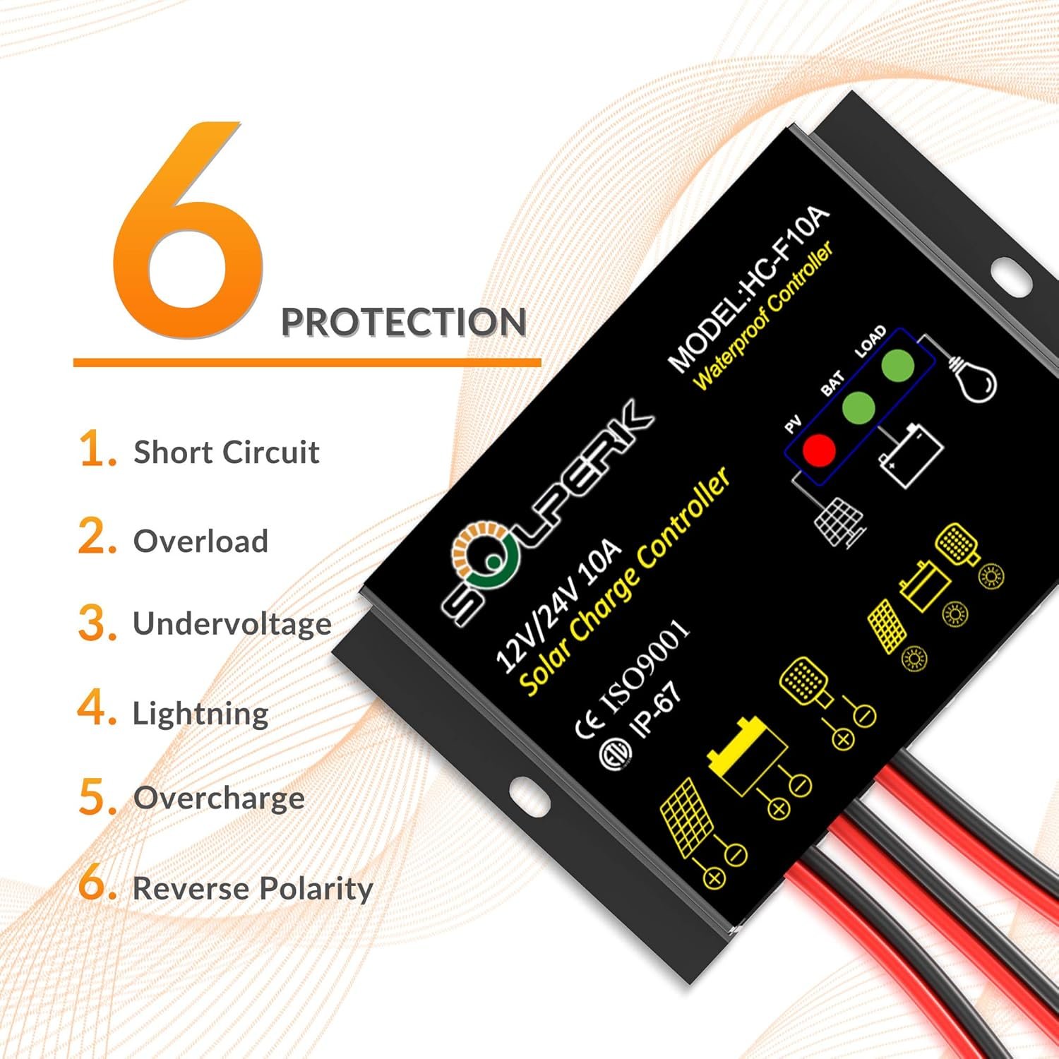 SOLPERK 10A Solar Charge Controller Waterproof Solar Panel Controller 12V/24V PWM Solar Panel Battery Intelligent Regulator for RV Boat car ,with LED Display - Image 4