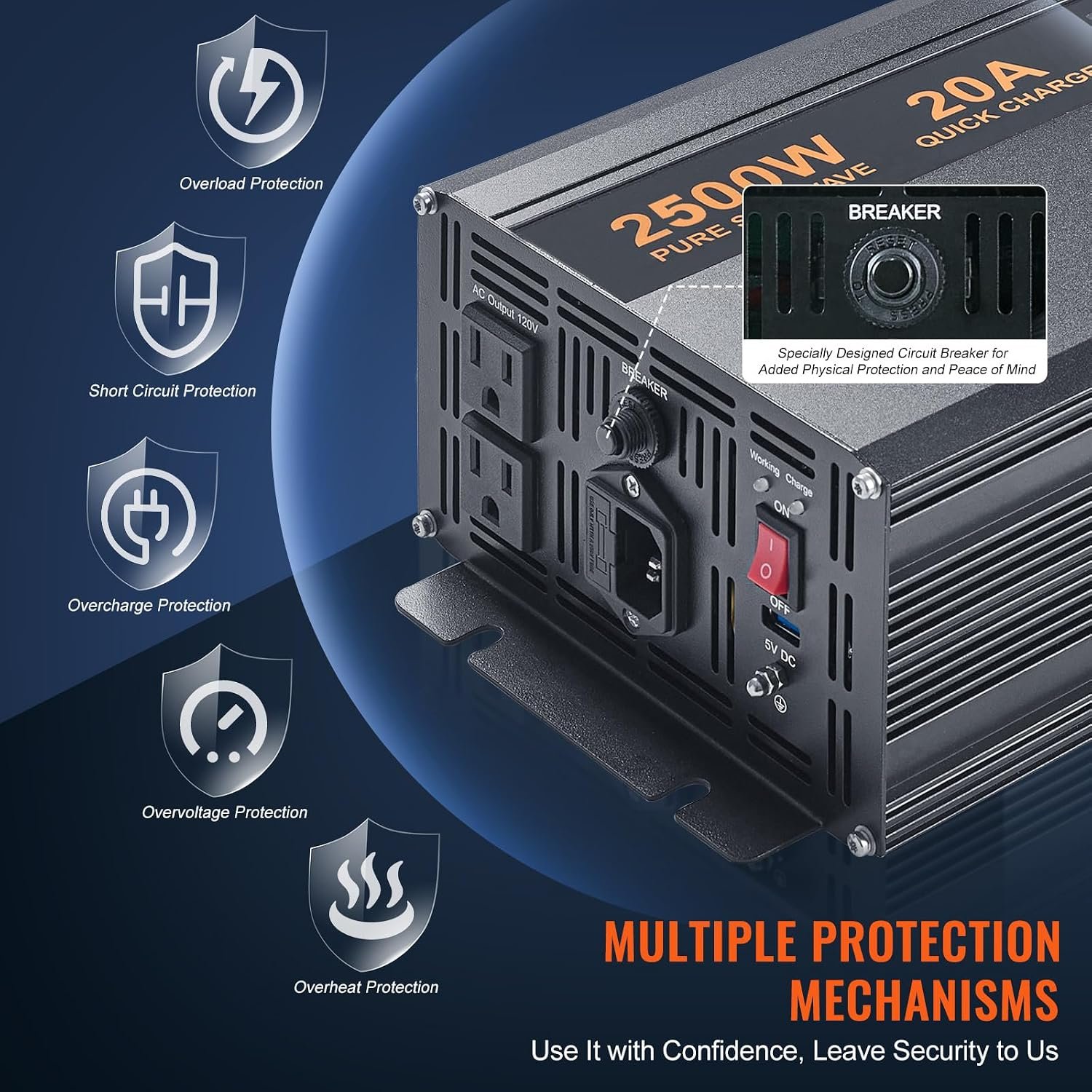 VEVOR 2500W Sump Pump Battery Backup System LCD Display Corded Auto Switch | Automatically Shifts to Inverter Power, Uninterrupted Operation, Battery Backup Inverter, for Emergencies & Power Failures - Image 5