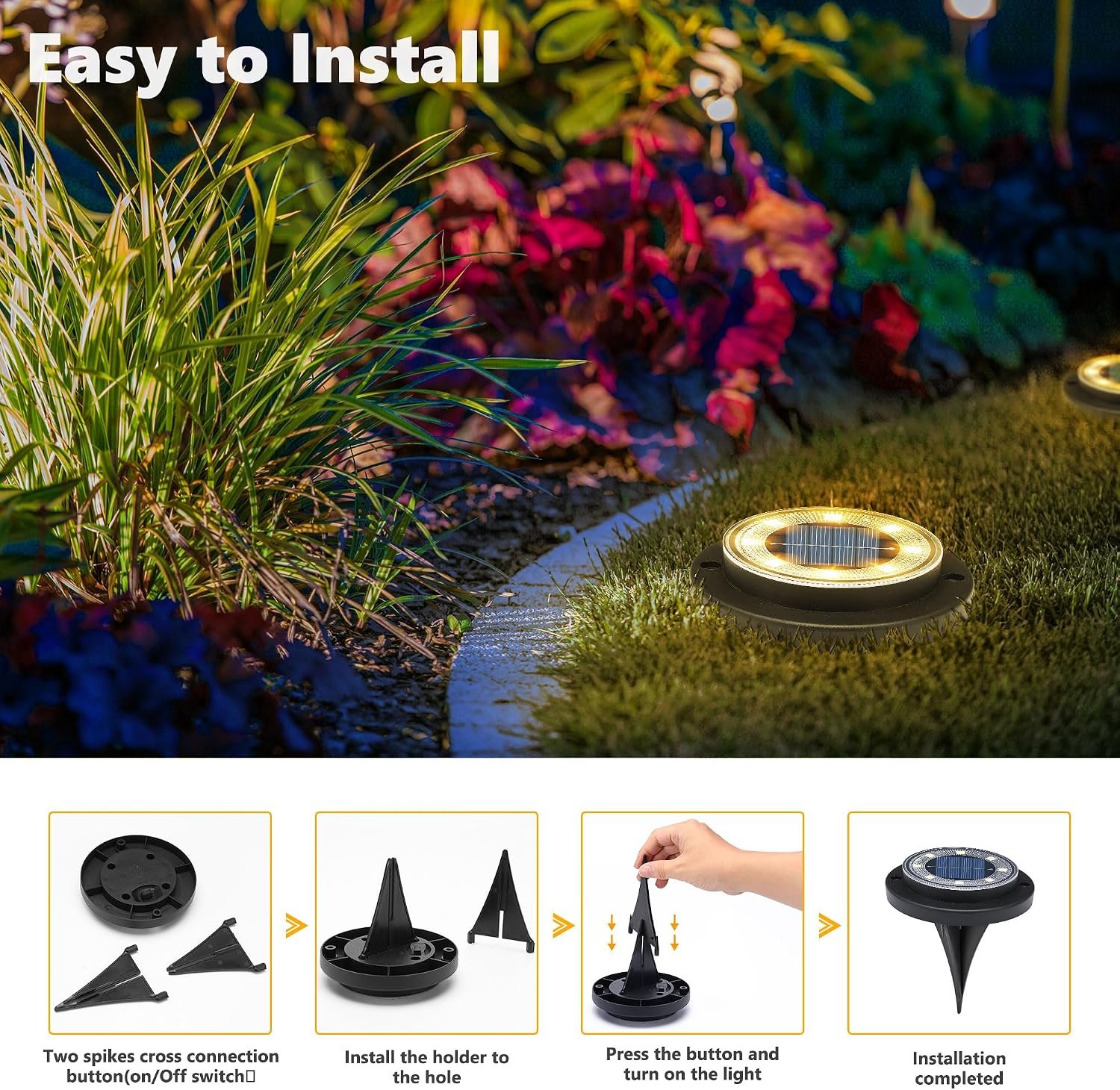 Solar Lights Outdoor Waterproof,Warm White 12 Pack 2-in-1 Ground Lights | Solar Powered Lights Outdoor Solar Disk Light Landscape Light for Deck Step Patio Yard Pathway Walkway Driveway Garden - Image 3