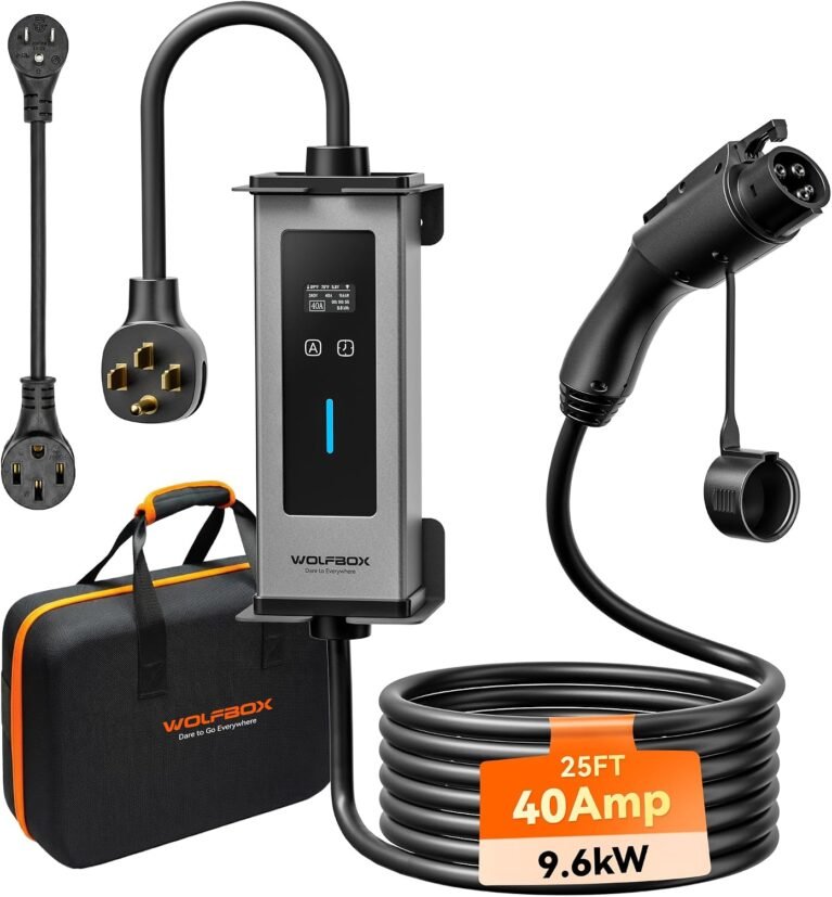 WOLFBOX Portable Level 1&2 EV Charger 40amp for J1772 EVSE(PE40) | ETL Certified, NEMA 5-15&14-50 Plug Adapter,25ft Cable,Indoor/Outdoor(IP66),208-240V