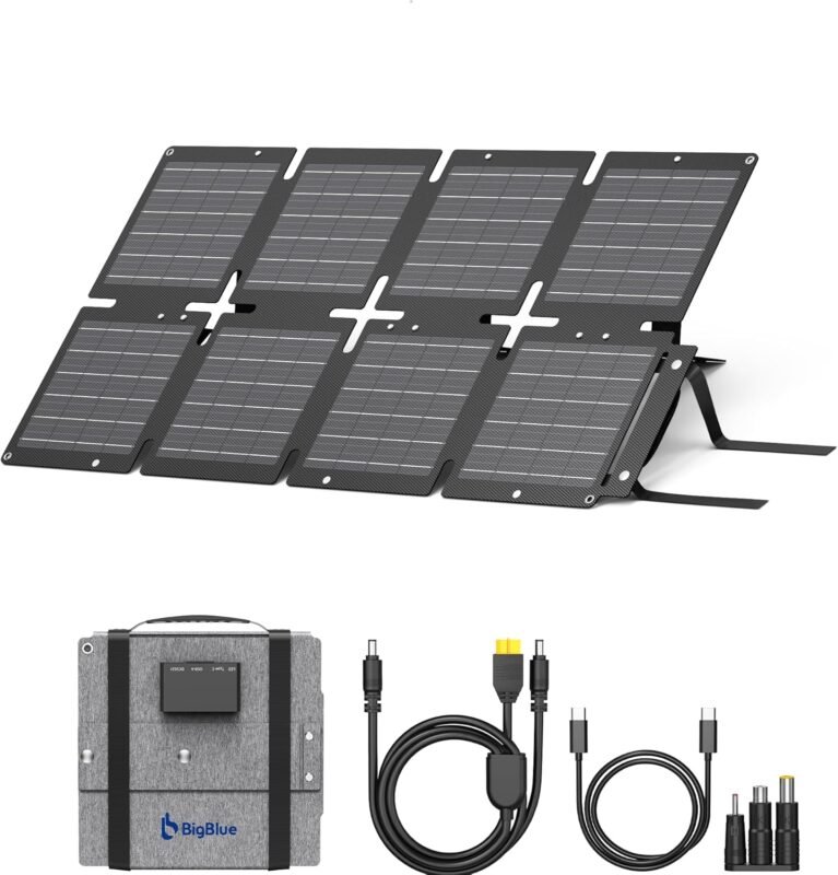 BigBlue 60W Portable Solar Panels with PD 45W USB-C, 20W USB-A, DC Outputs | Built-in Kickstand, IP68 Waterproof, Folding Solar Charger with DC/XT60 Connector for Cellphone, Power Bank, Power Station