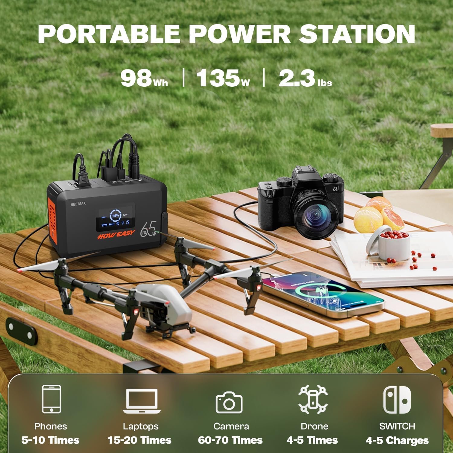 HOWEASY Portable Power Station,135W(270W Peak) Solar Generator | Power Bank with AC Outlet and 65W PD Output,98Wh Lithium Battery Backup with LED Light for Camping, Backup Outdoor Emergency - Image 2