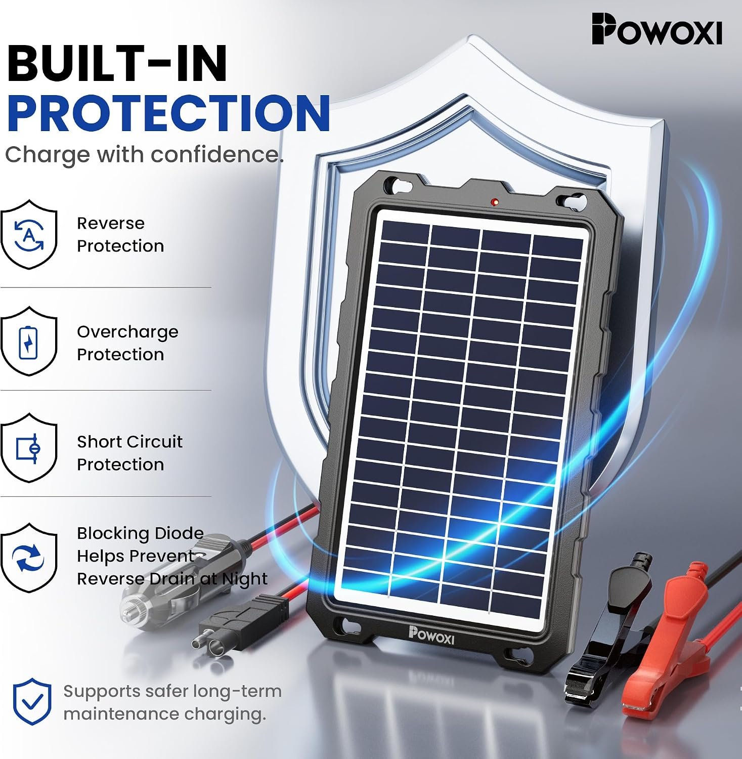 POWOXI 7.5W 12V Solar Battery Charger Trickle Maintainer Kit for Car | Smart Charge Controller | Waterproof | Intelligent Safety Protections | for Boat, Marine, RV, Automotive, Motorcycle, Trailer - Image 3