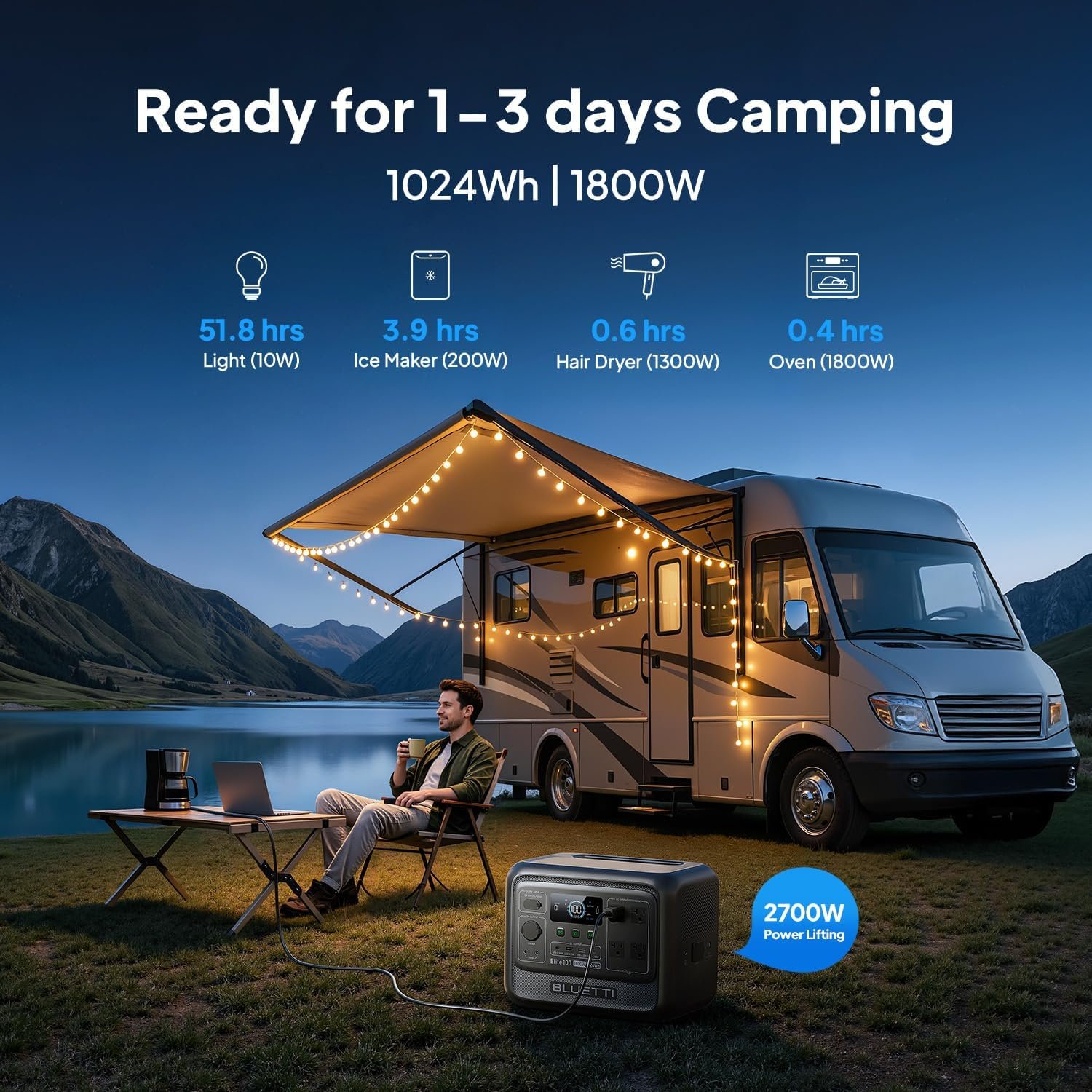 BLUETTI Elite 100 V2 Portable Power Station for Camping 1024Wh 1800W | 3600W Surge, 35% Smaller, 70 Min Fast Charging, 10ms UPS, LiFePO4 Battery Solar Generator for Home Backup, Emergency, Outdoor - Image 2