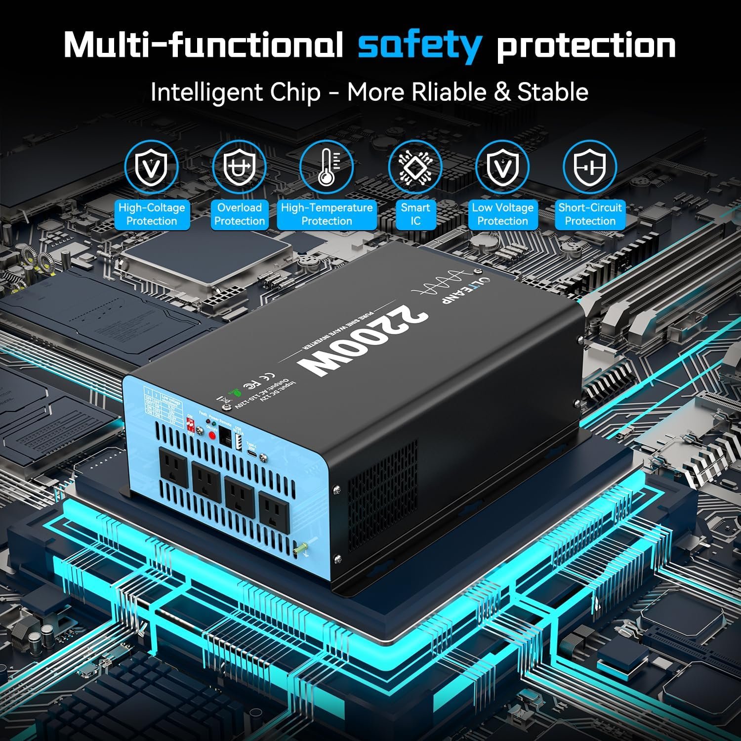 2200 Watts Pure Sine Wave Inverter 12V DC to 110V AC, 4400W Peak Power, 4 AC Outlets, USB & Type-C Port, Adjustable Input for Lithium Battery, RV/Truck/Boat/Solar Backup with LCD Remote - Image 6