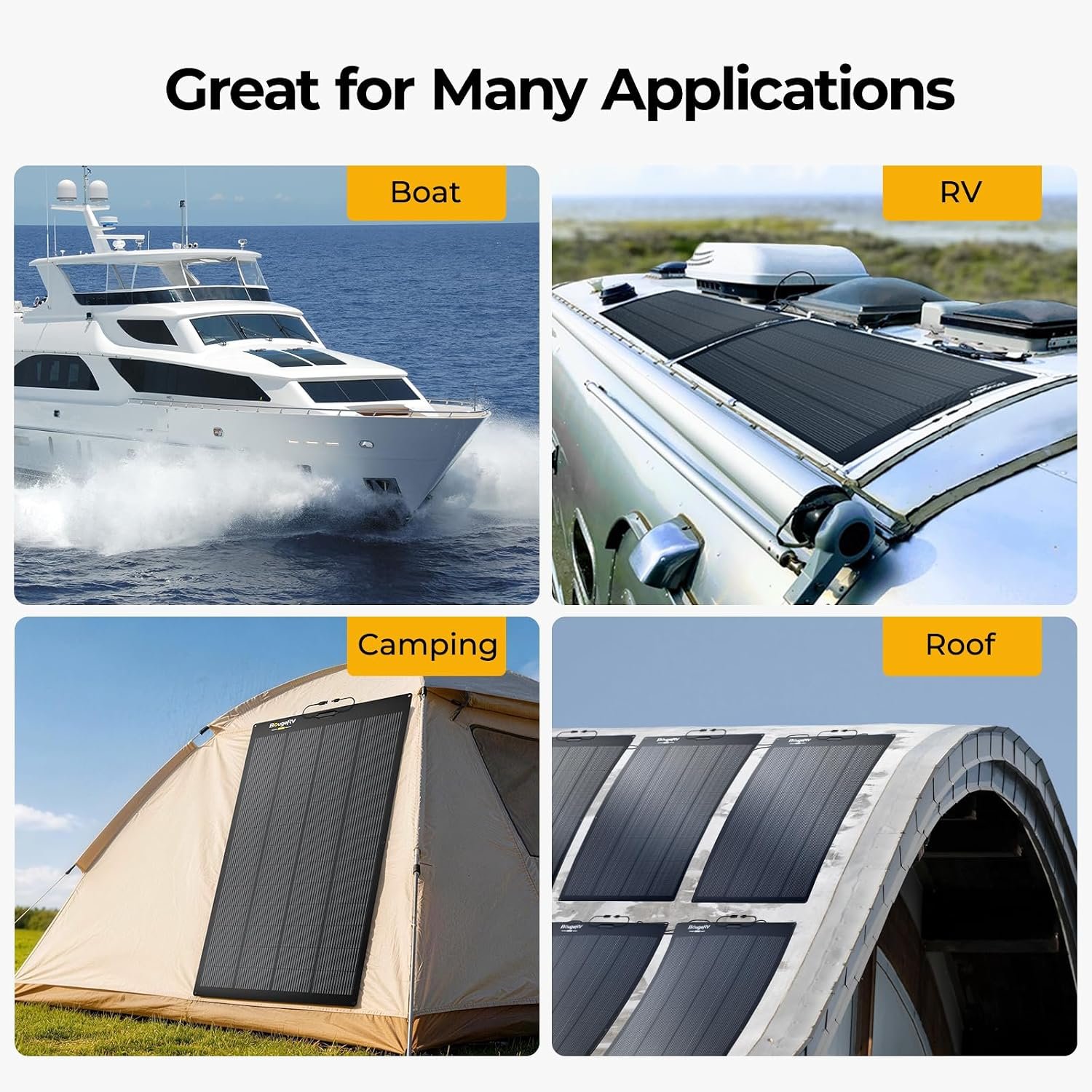 BougeRV Upgrade Arch 200W N-Type Flexible Solar Panel 16BB Mono Cell | 25% High-Efficiency, 270° Lightweight 24 Volts Compact Fiberglass Panel for RV Boat Marine Camping Home Curve Surface Black - Image 9