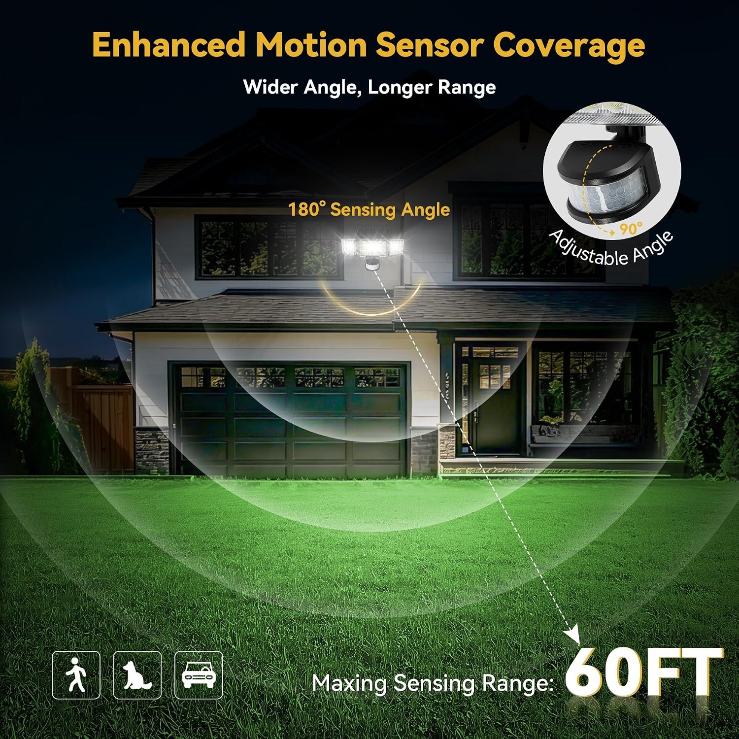 Solar Lights Outdoor, 3500LM 168 LED Motion Sensor Solar Flood Lights, 3 Heads 300° Wide Angle, 3 Modes IP65 Waterproof Solar Security Lights for Yard Garden Patio, 2 Pack (Black) - Image 5