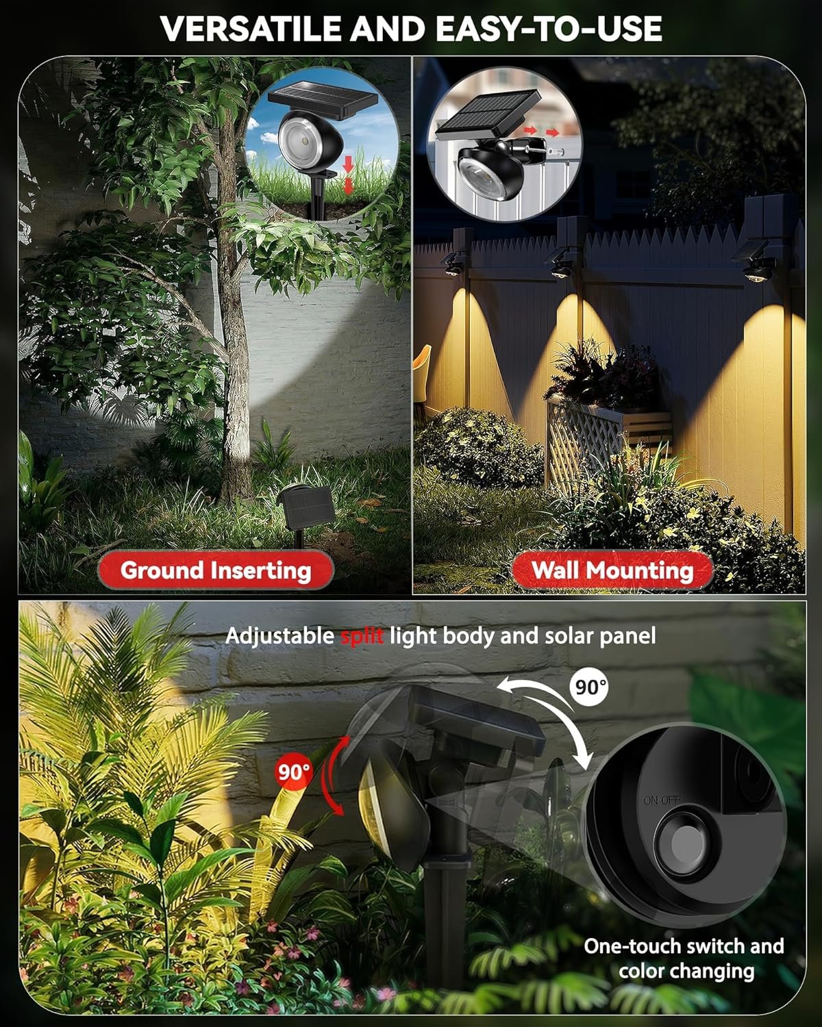 Focusing Solar Spot Lights Outdoor Waterproof, RGB+3CCT Tree Uplights 4Pack | Multicolor Focused Lens Spotlight, Dusk-to-dawn Light, Stake or Wall Mounting for Yard Landscape Garden Path Halloween Decor - Image 6