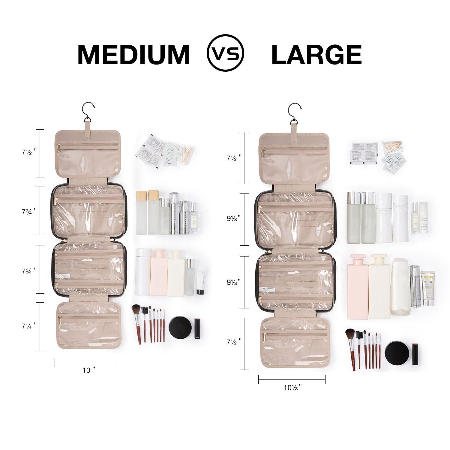 BAGSMART Toiletry Bag Travel Bag with Hanging Hook, Checkered Makeup Cosmetic Bag Travel Organizer for Accessories, Shampoo, Full-size Container, Toiletries (Khaki Checkerboard, Medium) - Image 2
