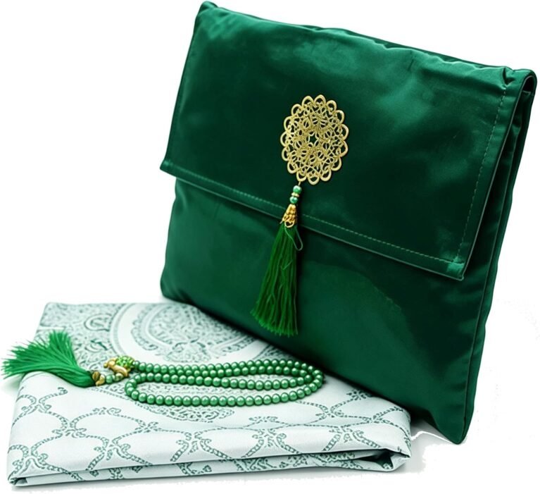 Green Portable Muslim Prayer Rug with Tasbih and Travel Bag