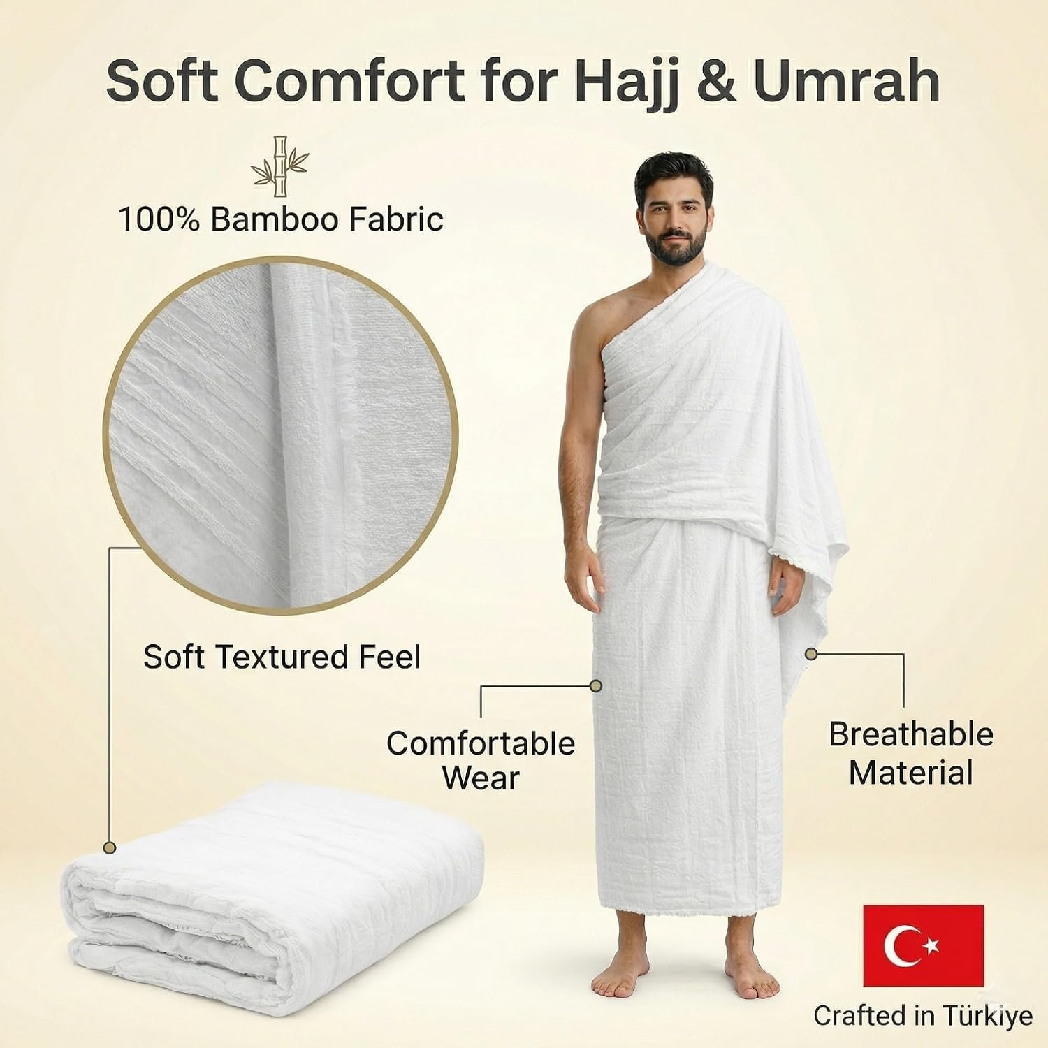 Modefa Islamic Men's Ihram for Umrah Men - Hajj Umrah Essentials - Ehram Ahram for Hajj 2 Piece Set - Seamless Viscose Made from Bamboo + Cotton Ihram Towel Set 110 x 220cm (Combo: 5 Piece) - Image 4