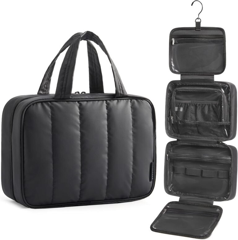 BAGSMART Travel Toiletry Bag for women, Portable Hanging Hook Makeup Bag Organizer, Waterproof Makeup Cosmetic Bag, for Full-Size Accessories, Toiletries,Black