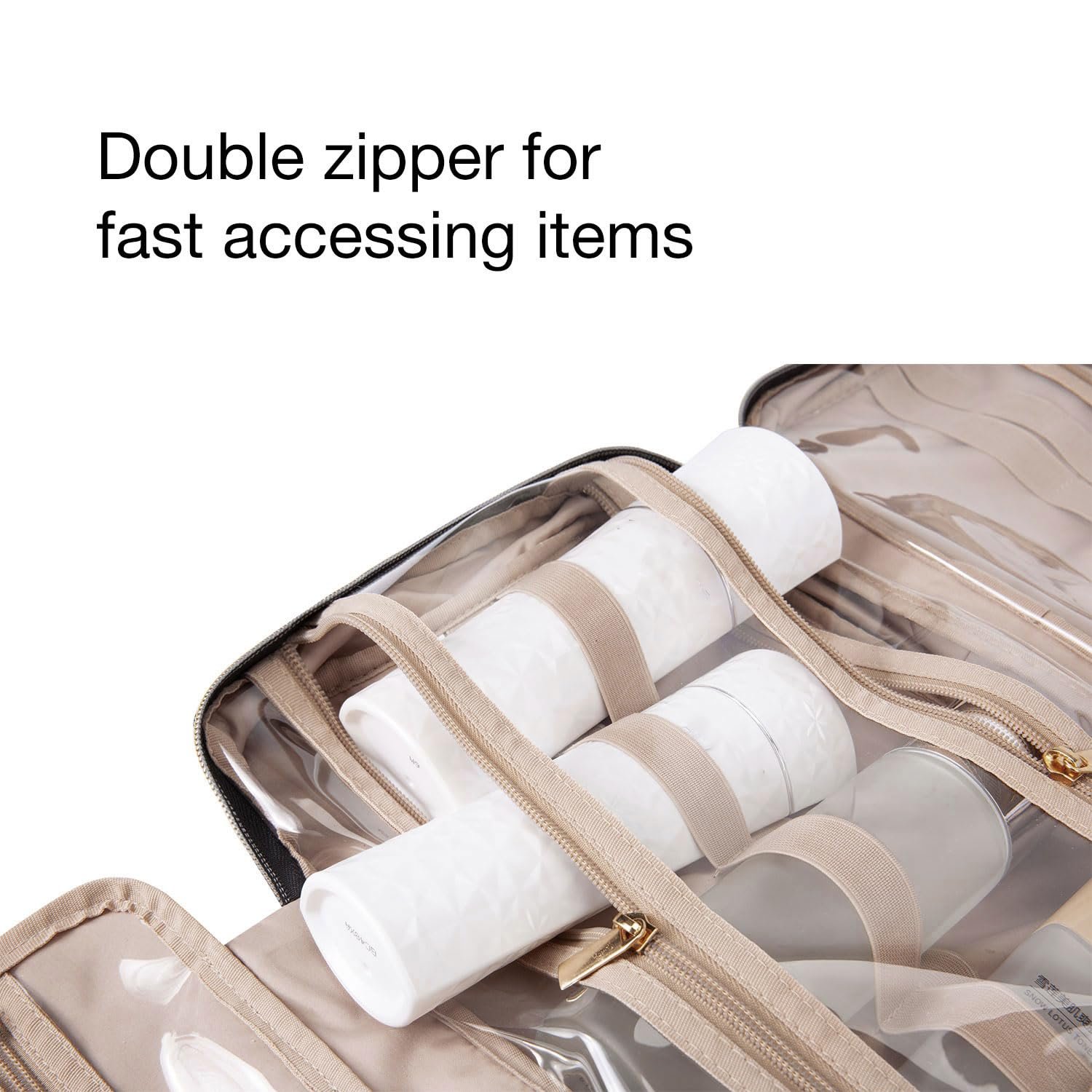 BAGSMART Toiletry Bag Travel Bag with Hanging Hook, Checkered Makeup Cosmetic Bag Travel Organizer for Accessories, Shampoo, Full-size Container, Toiletries (Khaki Checkerboard, Medium) - Image 4