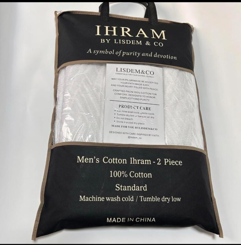 LISDEM & CO Premium Cotton Ihram for Hajj & Umrah – 2-Piece 100% Cotton Ihram Set – Soft, Breathable, Absorbent, Textured Weave, Includes Reusable Carry Bag