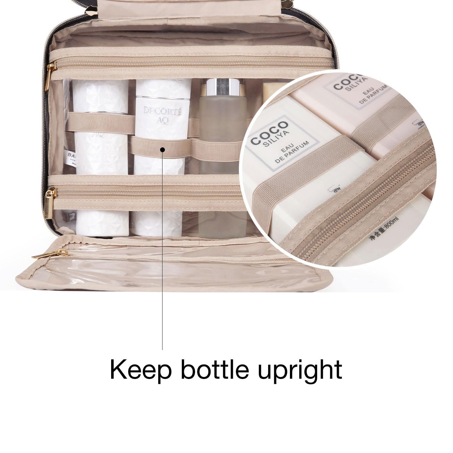 BAGSMART Toiletry Bag Travel Bag with Hanging Hook, Checkered Makeup Cosmetic Bag Travel Organizer for Accessories, Shampoo, Full-size Container, Toiletries (Khaki Checkerboard, Medium) - Image 3