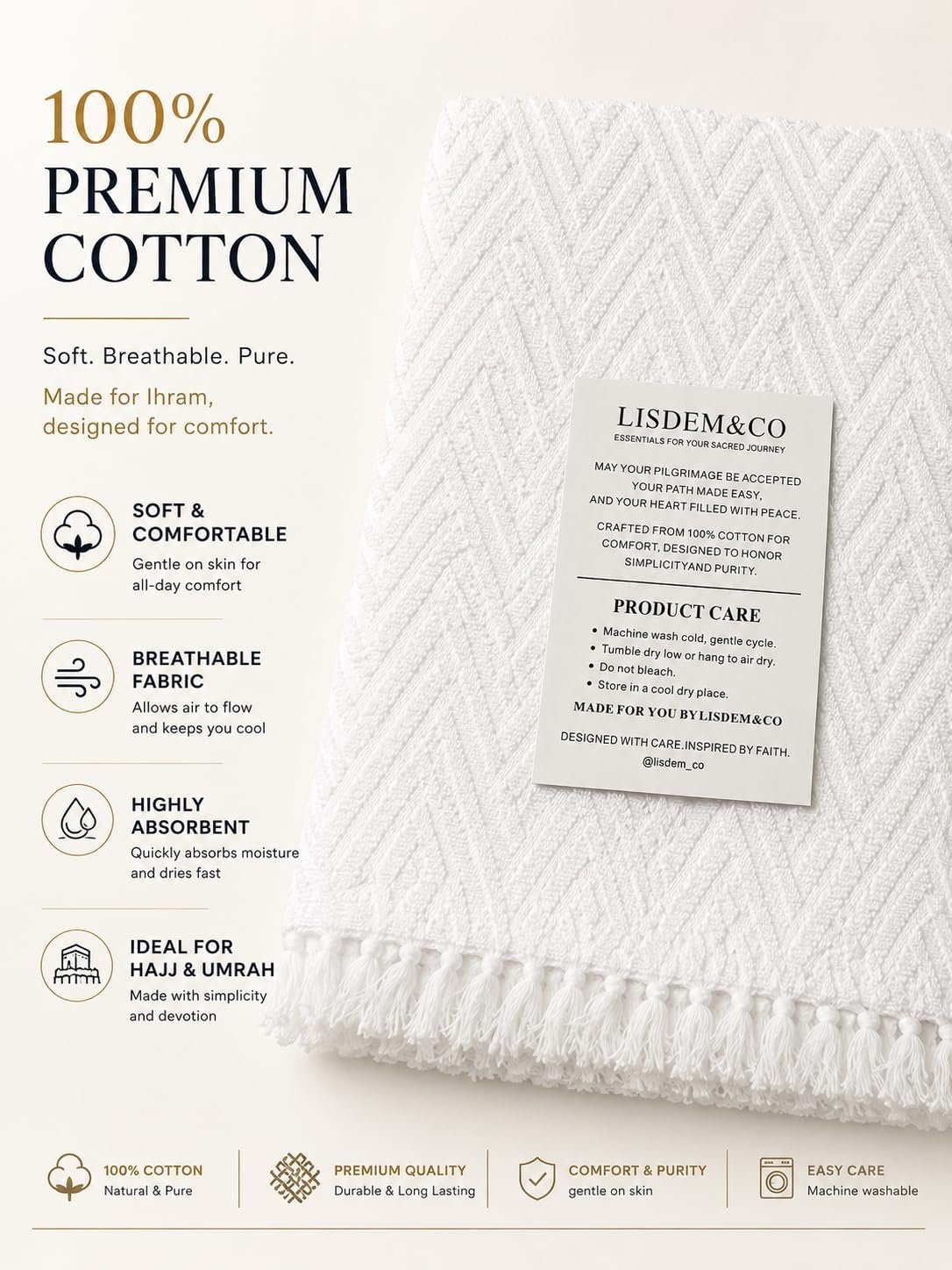 LISDEM & CO Premium Cotton Ihram for Hajj & Umrah – 2-Piece 100% Cotton Ihram Set – Soft, Breathable, Absorbent, Textured Weave, Includes Reusable Carry Bag - Image 3
