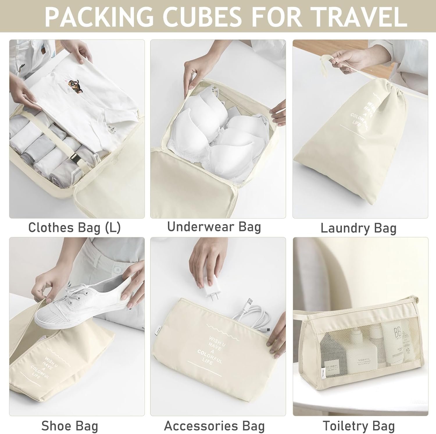 KPX 8 Set Packing Cubes for Travel, Luggage Packing Organizers Accessories Large Toiletries Bag for Clothes Shoes Cosmetics (Beige) - Image 4