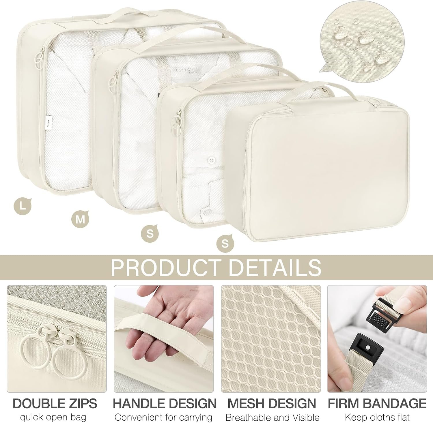 KPX 8 Set Packing Cubes for Travel, Luggage Packing Organizers Accessories Large Toiletries Bag for Clothes Shoes Cosmetics (Beige) - Image 3