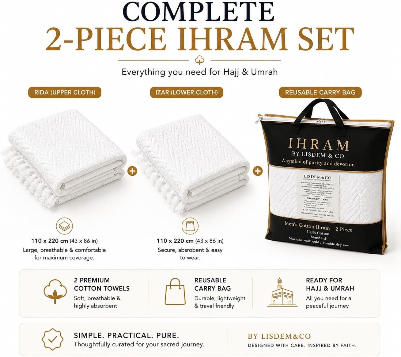 LISDEM & CO Premium Cotton Ihram for Hajj & Umrah – 2-Piece 100% Cotton Ihram Set – Soft, Breathable, Absorbent, Textured Weave, Includes Reusable Carry Bag - Image 5