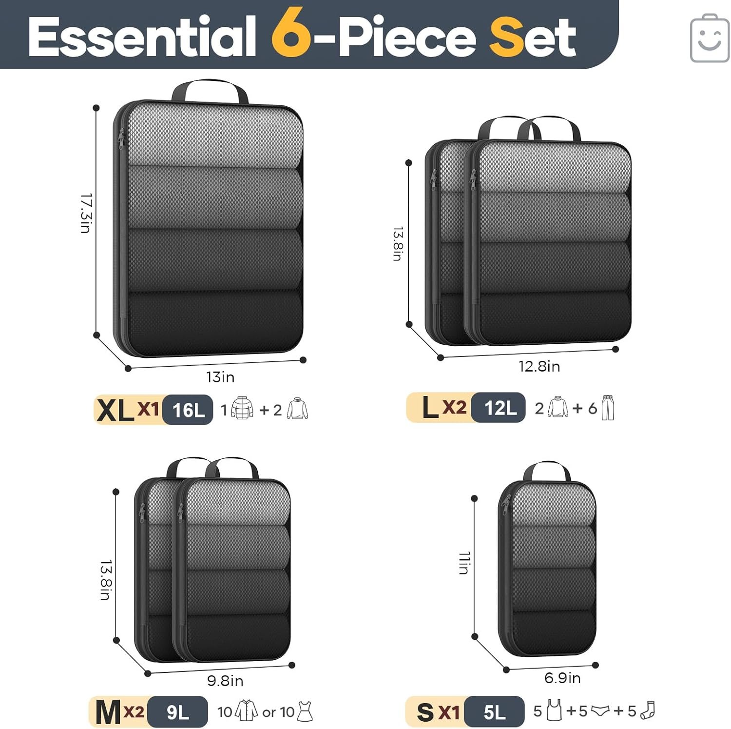 Veken 6/9/11 Set Compression Packing Cubes for Travel Essentials,Compressible Expandable Large Luggage Suitcase Organizer Bags for Clothing,Space Saver Bags with Over 1000 pcs of Mesh Holes(Black) - Image 2
