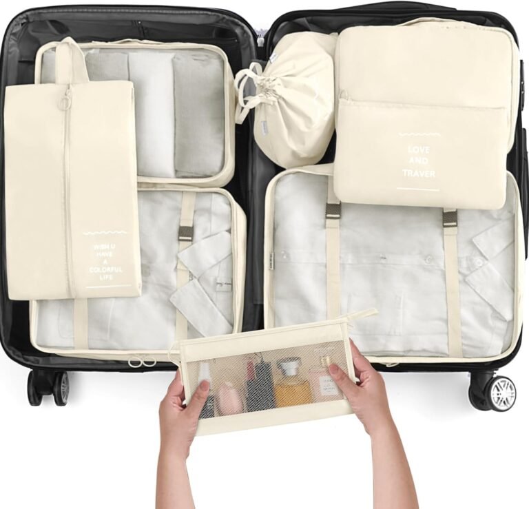 KPX 8 Set Packing Cubes for Travel, Luggage Packing Organizers Accessories Large Toiletries Bag for Clothes Shoes Cosmetics (Beige)