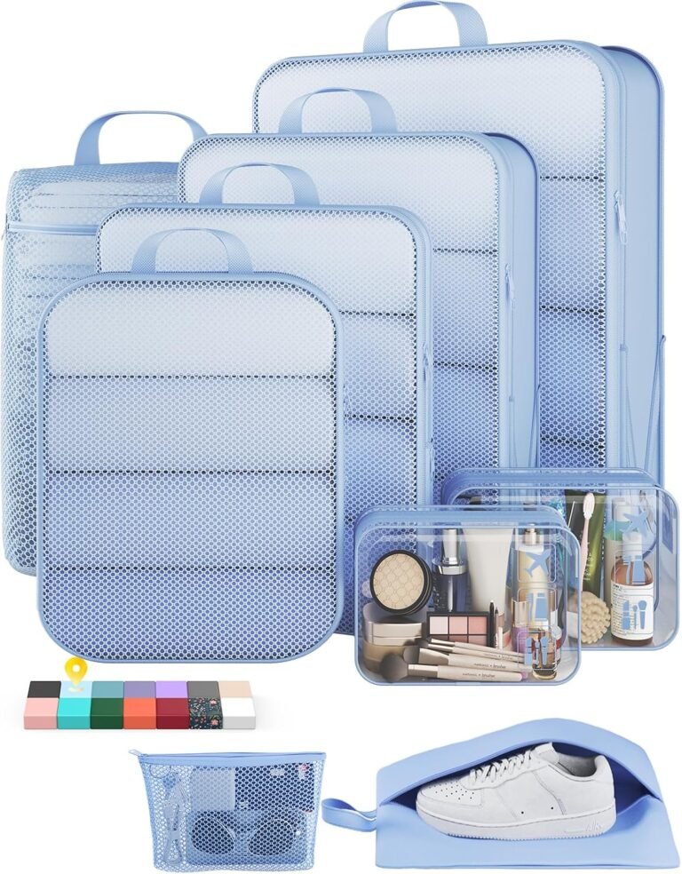 Veken 9/11 Set Compression Packing Cubes for Travel Essentials,Compressible Expandable Large Luggage Suitcase Organizer Bags for Clothing,Space Saver Bags with Over 1000 pcs of Mesh Holes(Light Blue)