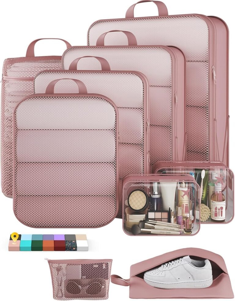 Veken 9/11 Set Compression Packing Cubes for Travel Essentials,Compressible Expandable Large Luggage Suitcase Organizer Bags for Clothing,Space Saver Bags with Over 1000 pcs of Mesh Holes(Light Coral)